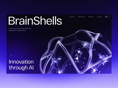 BrainShells: Webflow Landing – AI, CG, Recruitment Focus 3d ai ai design ai startup animation cg dark mode hero section hiring home page landing landing page landing page design landing ui purple recruitment ui ux web design website design