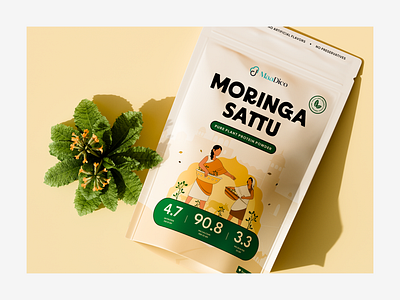 MaaDico – 3d product packaging rendering 3d 3d rendering aboxagency design graphic design illustration maadico minimalist design moringa sattu packaging design plant based product pouch proteinpowderpackaging shopify