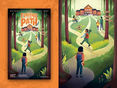 Finding Your Path backpack custom explore find finding grass illustration journey kids leaves path pathways poster procreate psychology school sports students subjects trees