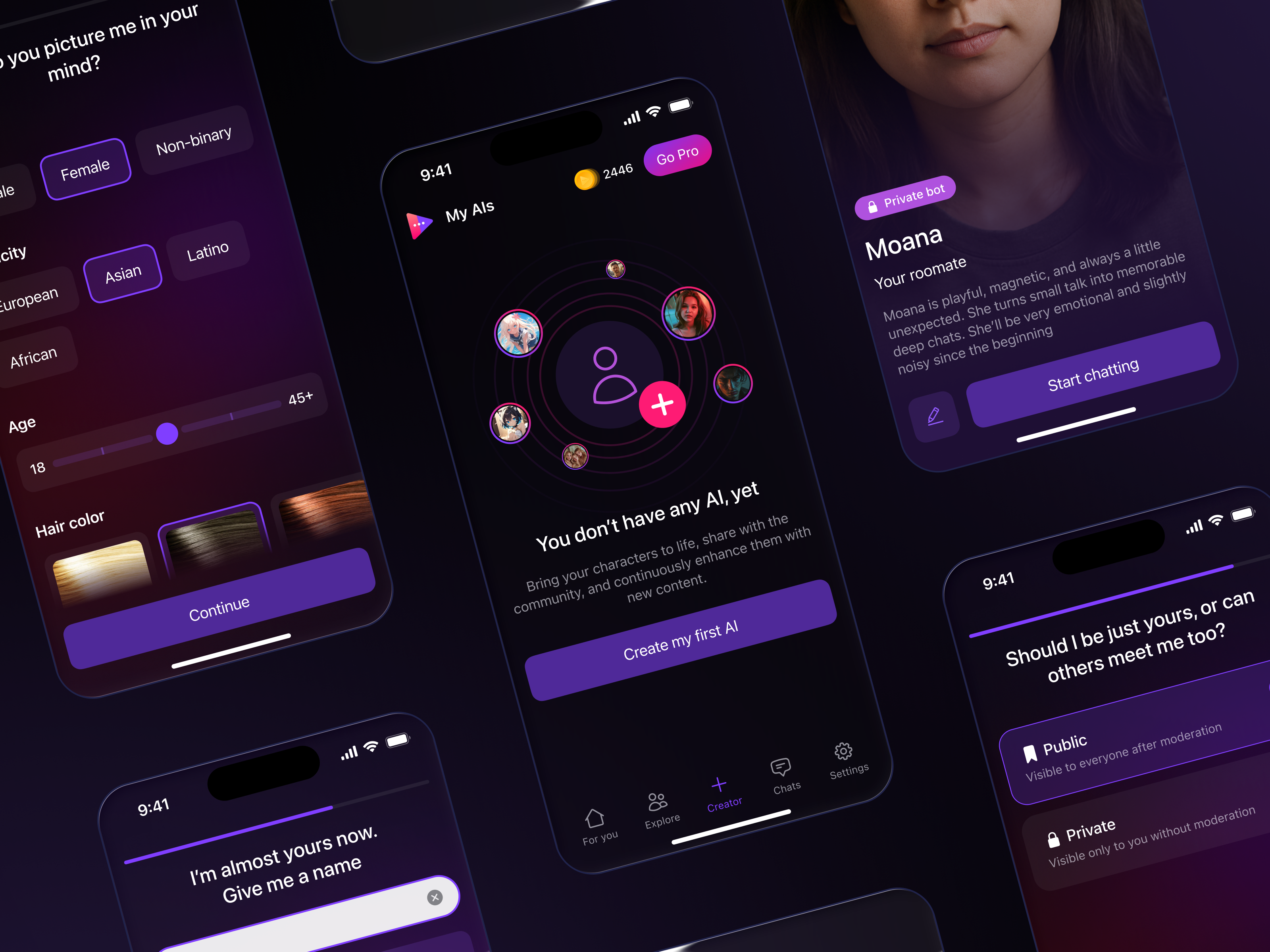 Create your own AI Character ai characters chat bot dialogue mobile pheon ui ux