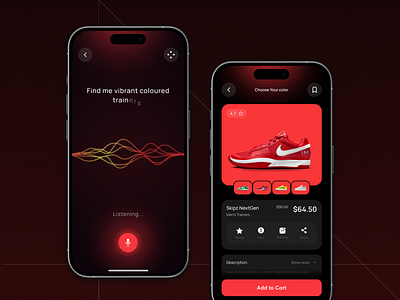 Voice-Powered Sneaker Shopping UI 🔴🎙️ ai assistant dark mode ecommerce app minimal app mobile ui modern ui product selection red shoes shopping app sneaker app uiux voice search voice ui