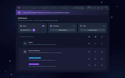 AnyBiz – Notification settings dashboard notification settings
