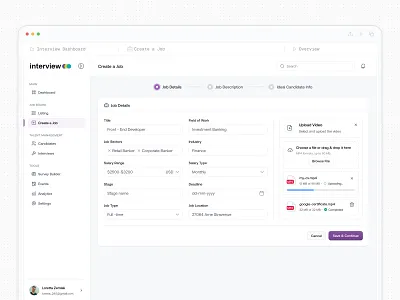 Create a Job – Interview SaaS Web UI admin dashboard component cv widget hiring ui hr dashboard hr interface interview platform job creation job management job posting ui listing minimal recruiters resume saas design agency saasfactor talent management tracking widget