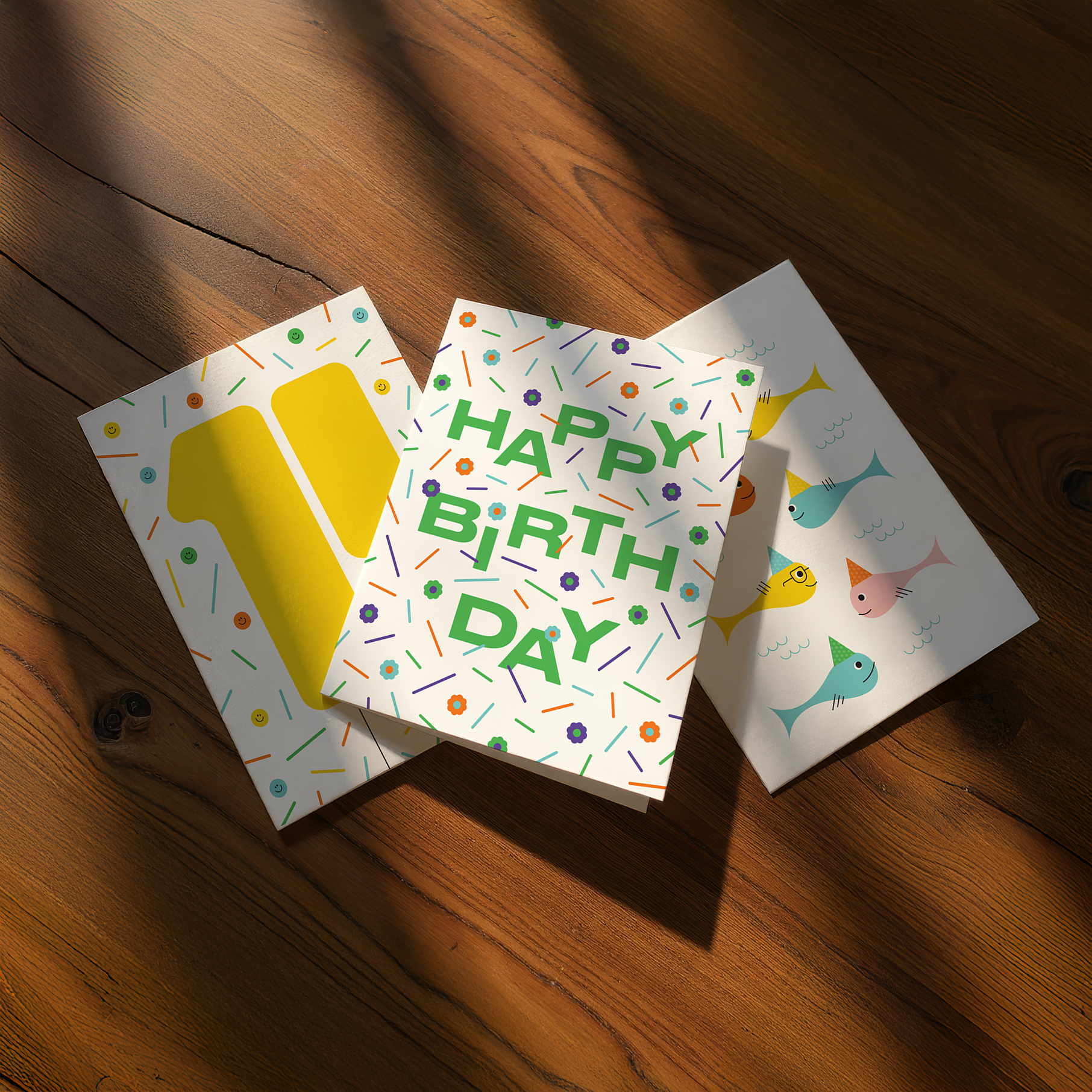 Birthday Cards 1st birthday baby birthday birthday card design fish greeting card illustration kid birthday mid century modern pattern retro stationery typography