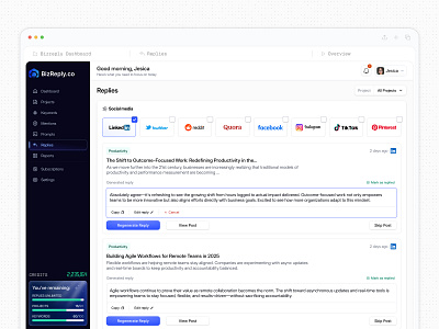 Smart Reply B2B Dashboard Design ai ai reply manager b2b content generation crm crm tool inbox influencer marketing saas ui marketing tool multi channel productivity response generator saas saasfactor smart reply social comment social media social replies workflow