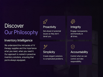 Our Philosophy: Inventory Intelligence and Core Values 3d accountability animation branding business control efficiency graphic design inventory logo management motion graphics proactivity solutions therapy ui