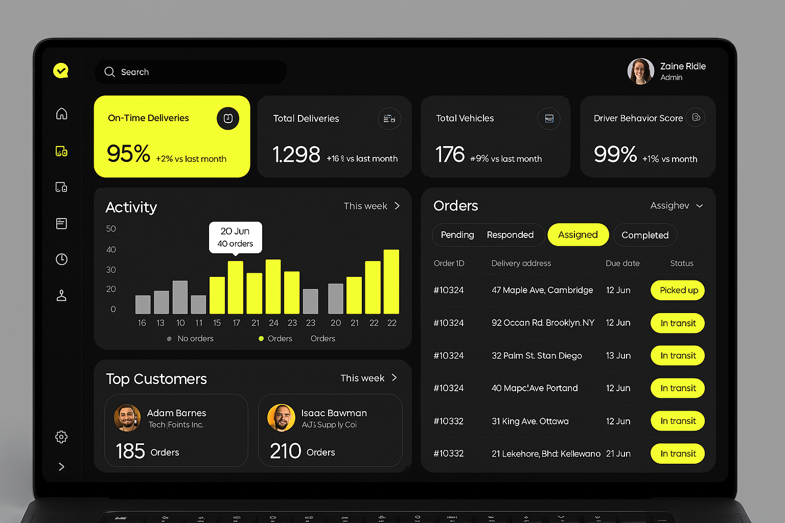 Modern Logistics Dashboard UI – Dark Mode Interface admin panel analytics ui dark mode ui dashboard design dashboard interface data visualization delivery tracking fleet management logistics dashboard order management transport ui ui design ui ux ux design