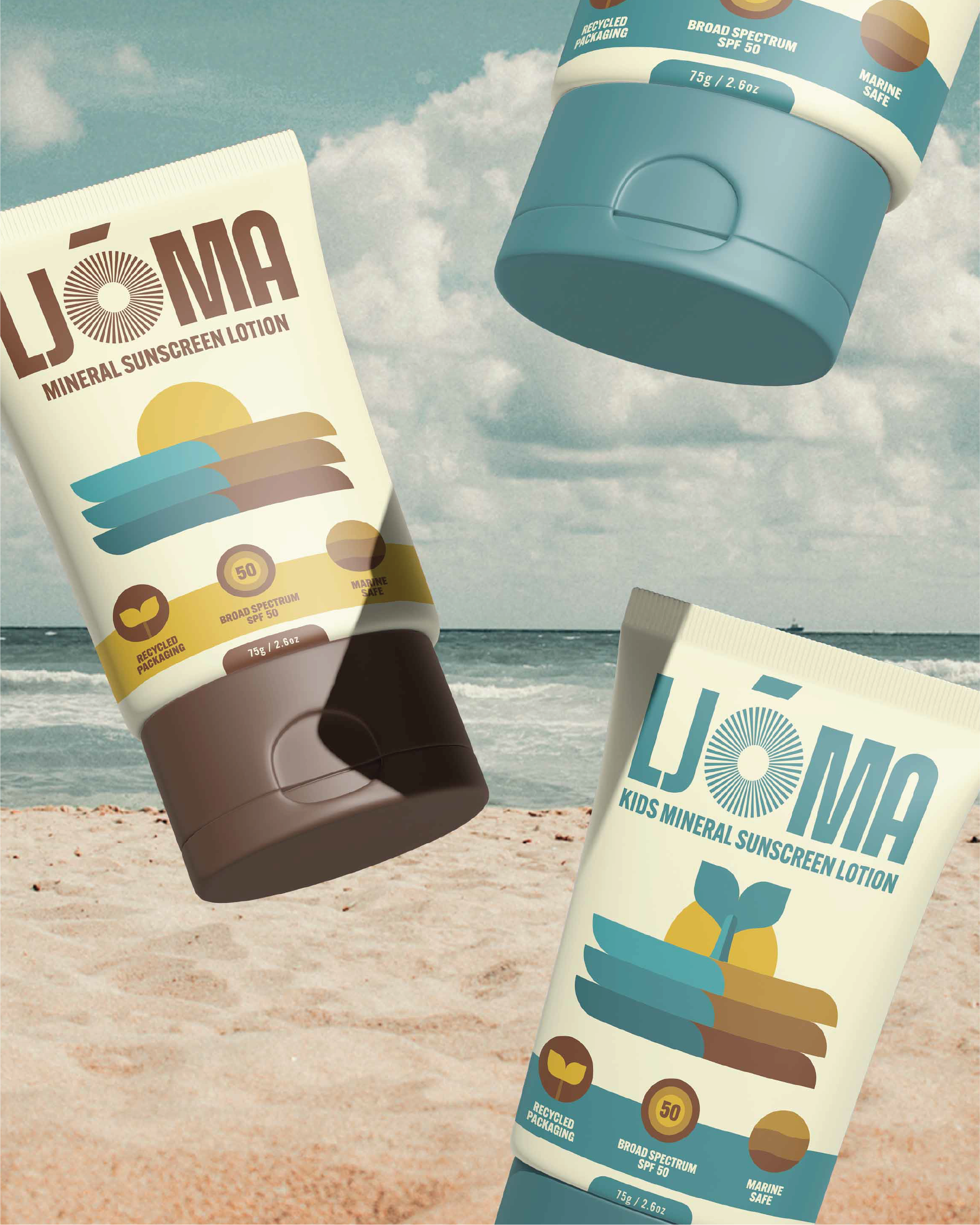 LJOMA beach brand design branding cpg graphic design illustration logo packaging retro sunscreen sustainable vegan