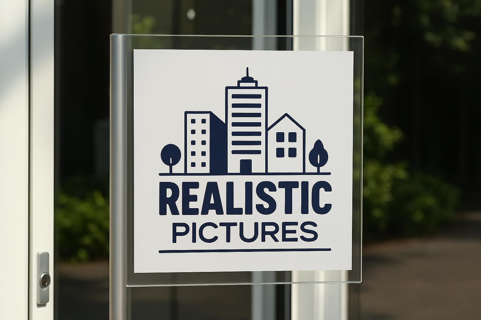 Modern Real Estate Logo Sign – Realistic Pictures Studio Brandin architecturelogo branding cleanbranding corporateidentity designinspiration flatdesign glasssign logo minimalistdesign modernlogo realestate signage studioidentity urbanlogo vectorart