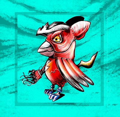 The Red Bird with the Mechanical Arm bird bird creature character design concept art creature concept creature design cute monster digimon fanart digimon inspired digital art digital painting fantasy creature game character illustration mascot design monster original character pet monster stylized art
