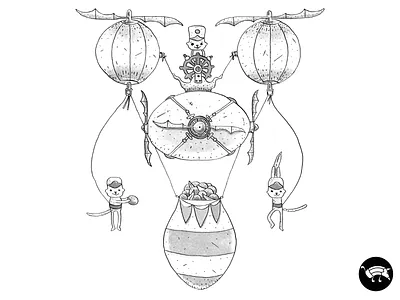 Getting top fruits from treetops. balloons character design fantasy flying hand drawn handmade illustration inks monkeys pencildog steampunk watercolors