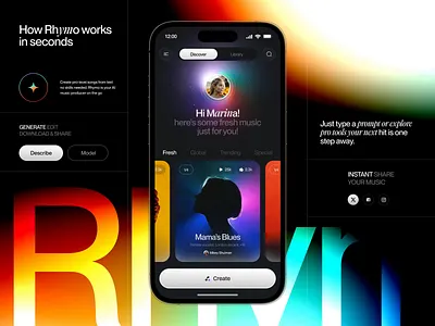 Rhymo – AI Music Generator from Text Prompts App ai ai animation ai music ai music app animation app animation app design application design automation app music app music generator trendy app ui