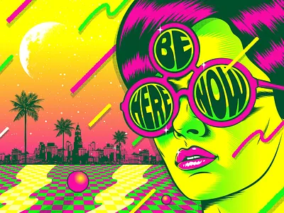 Be here now 1980 design eighties figurative art human illustration kitsch pop pop art psychedelic retro tacky typography vector vintage