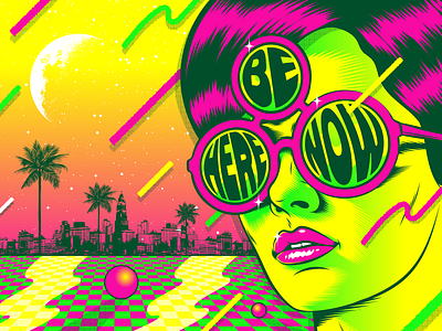 Be here now 1980 design eighties figurative art human illustration kitsch pop pop art psychedelic retro tacky typography vector vintage