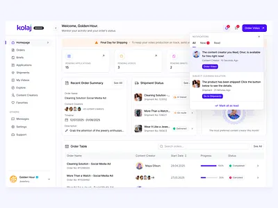 Dashboard and Notification UI Design for Kolaj banner button dashboard design figma navigation notification notification center sidebar navigation table ui ux
