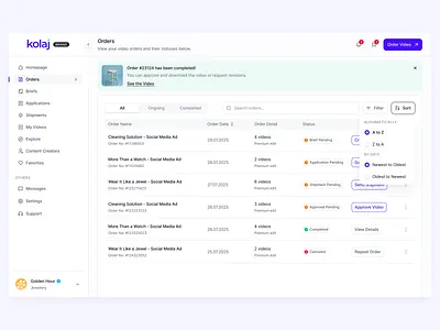 Orders Table UI Design for Kolaj badge banner button design dropdown figma order sort by table ui ux
