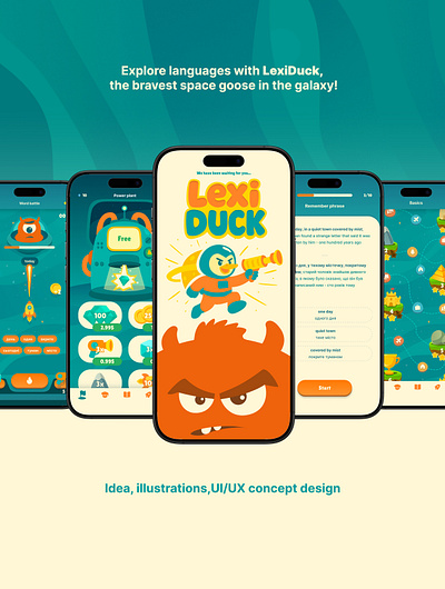 LexiDuck - cute language learning app concept, UI/UX and art appdesign concept duolinguo game design graphic design illustration language learning app lingualeo mobile app design product design ui uiux