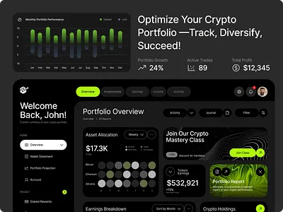 Crypto Portfolio Dashboard UI — Dark Theme app branding crypto cryptocurrency design fintech fintech design futuristic graphic design logo modern modern ui​ ui ui design uiux ux ux design web design website design
