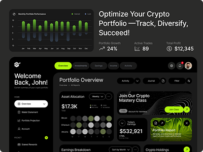 Crypto Portfolio Dashboard UI — Dark Theme app branding crypto cryptocurrency design fintech fintech design futuristic graphic design logo modern modern ui​ ui ui design uiux ux ux design web design website design