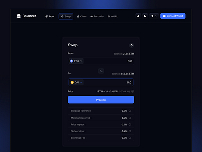 Crypto Swap UI - Balancer Redesign cliam page connect wallet page crypto pool crypto pools crypto swap crypto swap page crypto swap ui crypto swap ux ethereum ethereum page swap interface swap page swap page design vebalpage wallet interface