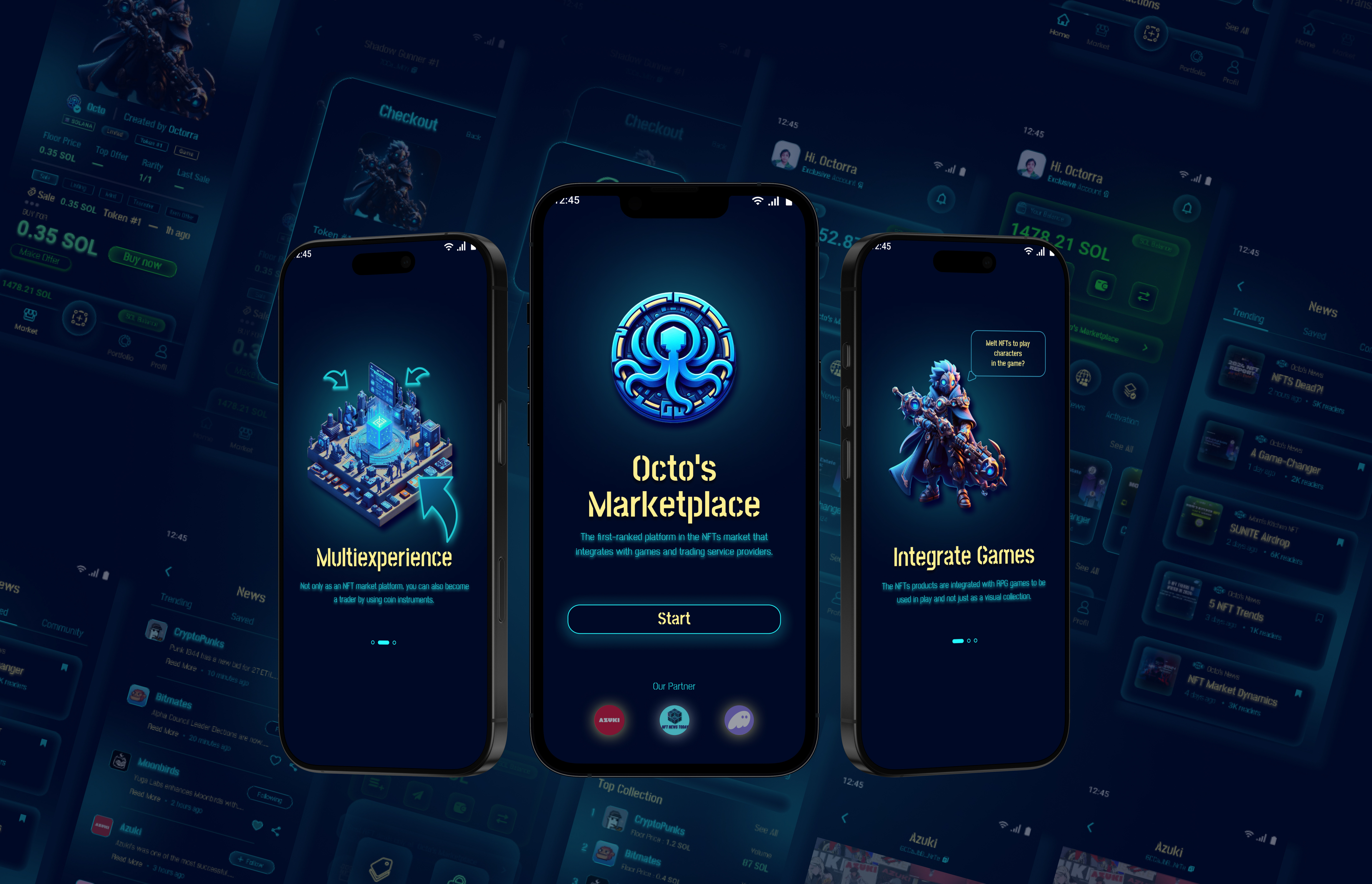 Octo's NFT Marketplace - Elevate Web3 Ecosystem app design card ui clean crypto dark mode digital art digital asset fintech glassmorphism gradient dark blue investment marketplace mobile app modern nft product design trading ui ux web3