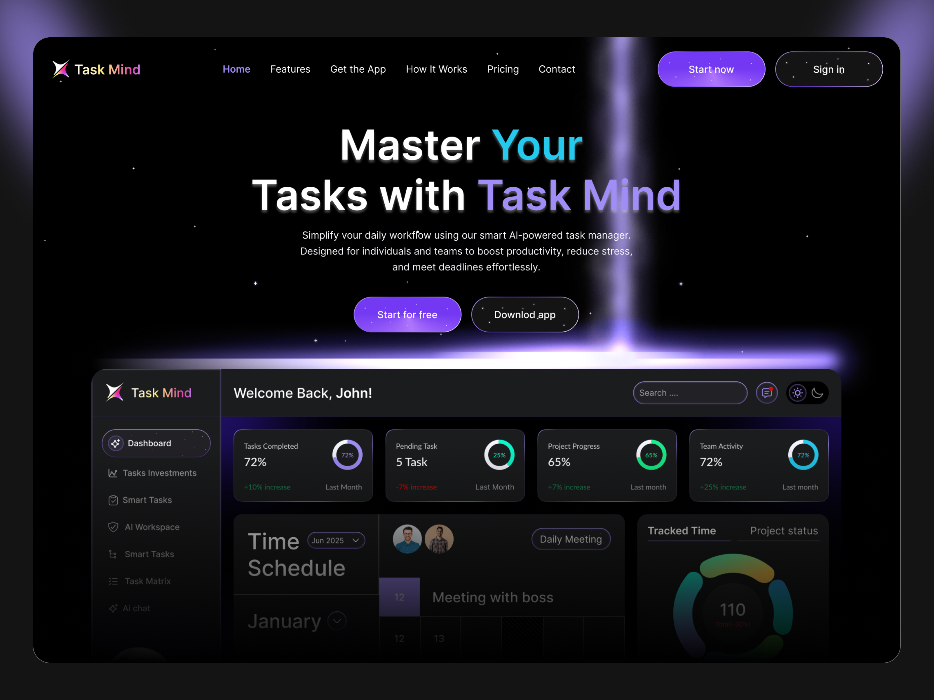Task Mind Dashboard – AI-Driven Task Management Experience ai dashboard ai ux clean ui dark mode ui dashboard design design inspiration futuristic ui interface design minimal design modern ui productivity app saas design smart tasks task management task manager team collaboration ui design ux design web dashboard work management