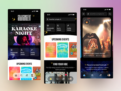Event App Home – UI Variations & Design Styles booking app branding cards design event app figma design glass effect glassmorphism hero design hero section home screen horizontal scroll icons landing page list view menu bar music app music concert navigation search bar typography