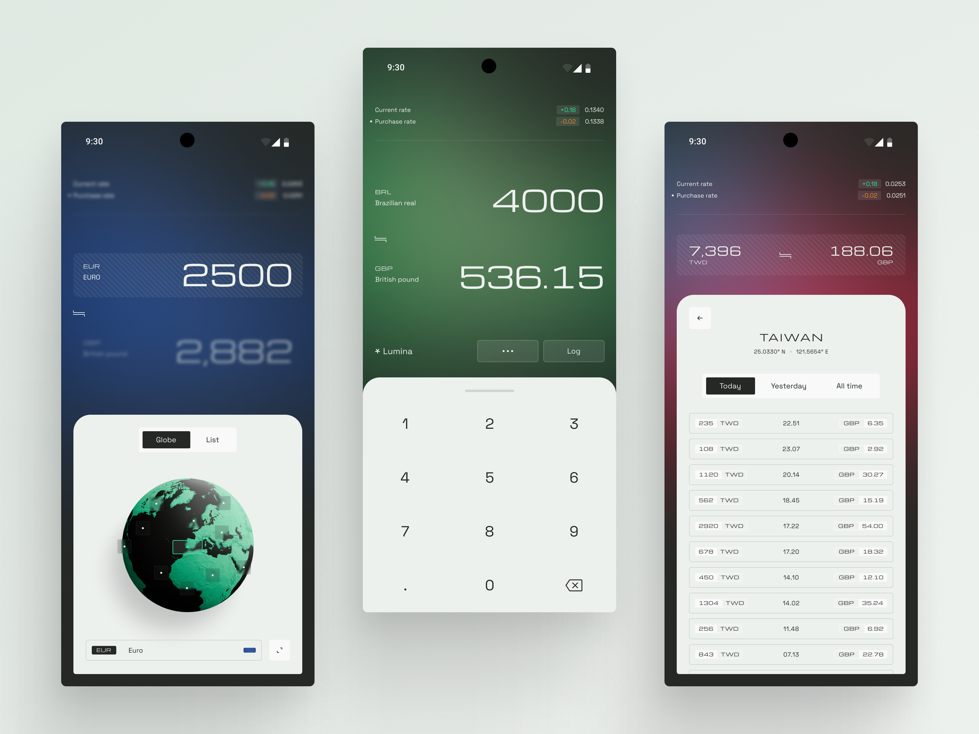 Currency exchange mobile app UI design 3d animation 3d globe app design banking app clean design currency data visualization fintech gradients keypad minimalist mobile app numbers product design