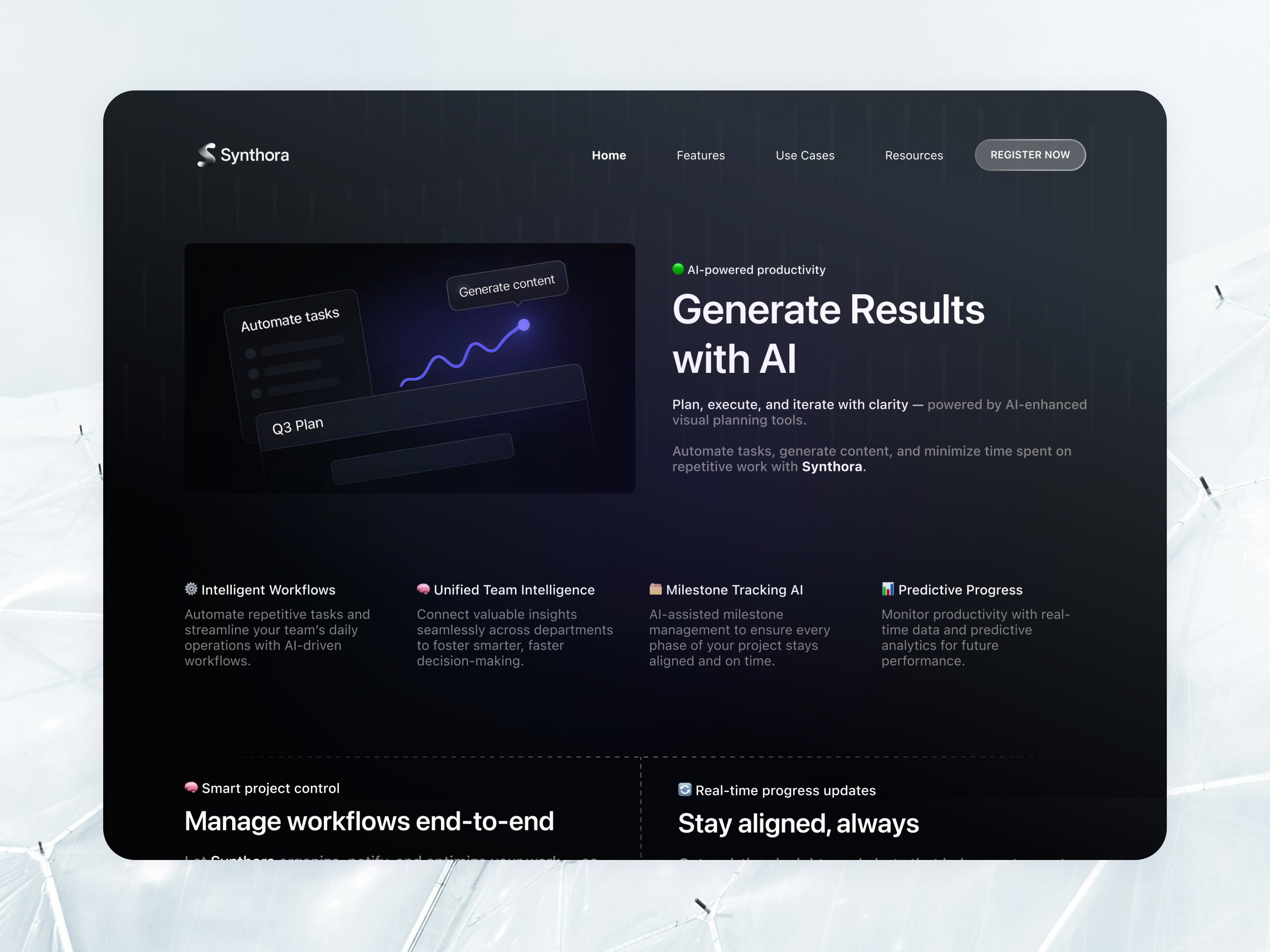 Synthora – AI-Powered Productivity Dashboard Landing Page branding card clean design dark mode dashboard features section illustration landing page logo productivity app saas saas design ui ux web design web3