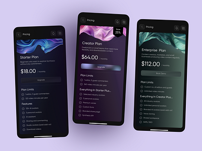 Pricing Mobile UI for AI Video Platform ai tool ai video app app content creation app dark mode app enterprise pricing freelancer tool ios mobile mobile plans mobile pricing ui modern mobile ui neumorphism pricing product design saas design subscription ui tiered pricing