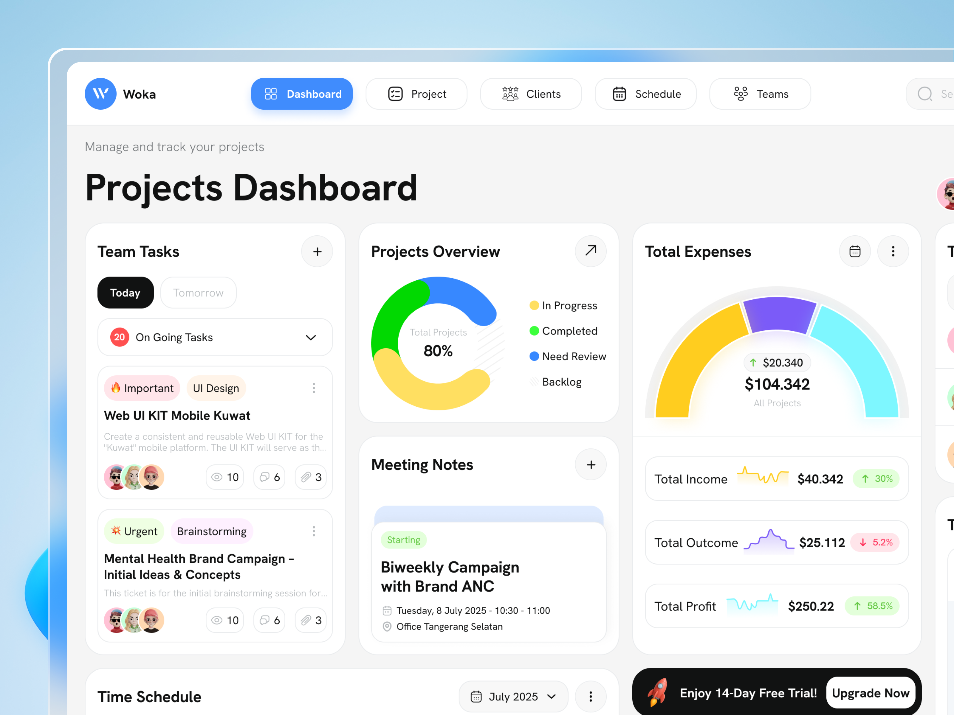Woka - Project Management Dashboard 3d animation app branding dashboard design graphic design illustration logo minimal mobile design mobile ui motion graphics ui ux