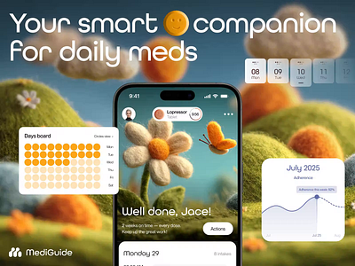 Mediguide Branding – Empowering Smarter Medication Journeys brand strategy branding digital digital health engagement gamification health health tech design healthtech identity logo mobile mobile app design nautre graphics pharma pharma ux product strategy uiux wearbales