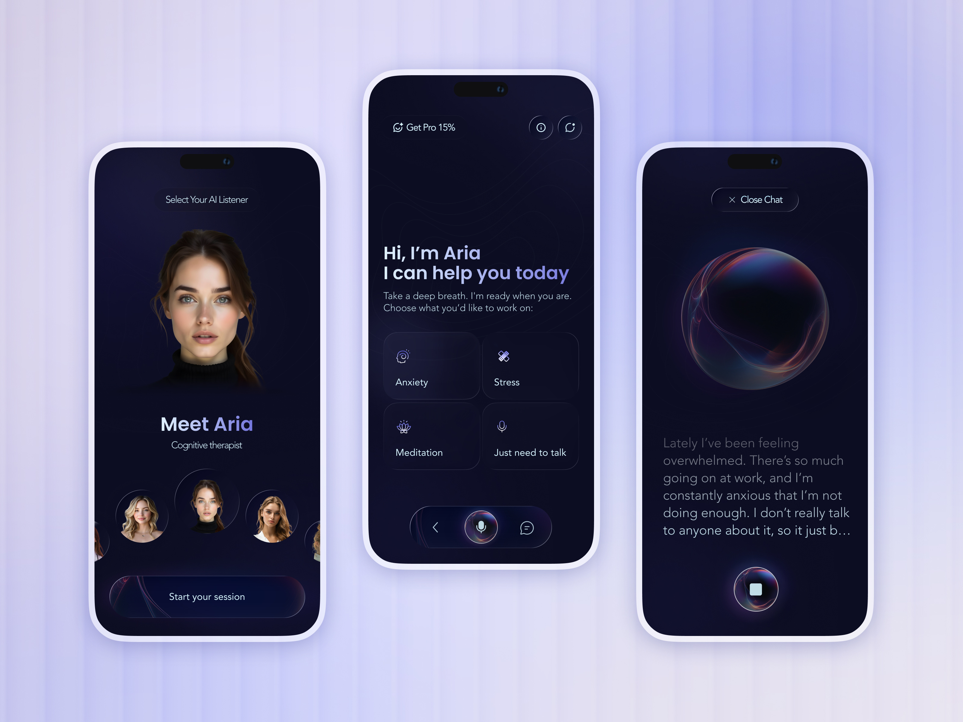 Calmnia – AI-Powered Mental Wellness App Dark Mode app app design chatbot concept mental health minimal ui mobile mobile app mobile application mobile ui ui uiux ux wellness