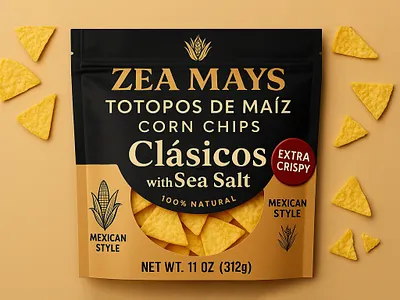 Zea Mays Corn Chips Packaging – Clásicos with Sea Salt visual identity