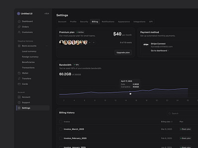 Bandwidth — Untitled UI billing settings dark mode dashboard product design settings ui design user interface