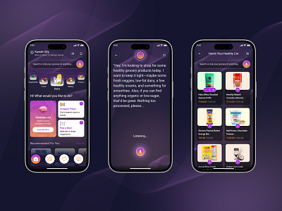 Grocery App Design With AI features aigroceryapp aishoppingapp aishoppingassistant groceryapp groceryassistant grocerymobileapp illustration mobileappdesign productdesign shoppingapp smartshopping ui uidesign voiceassistant