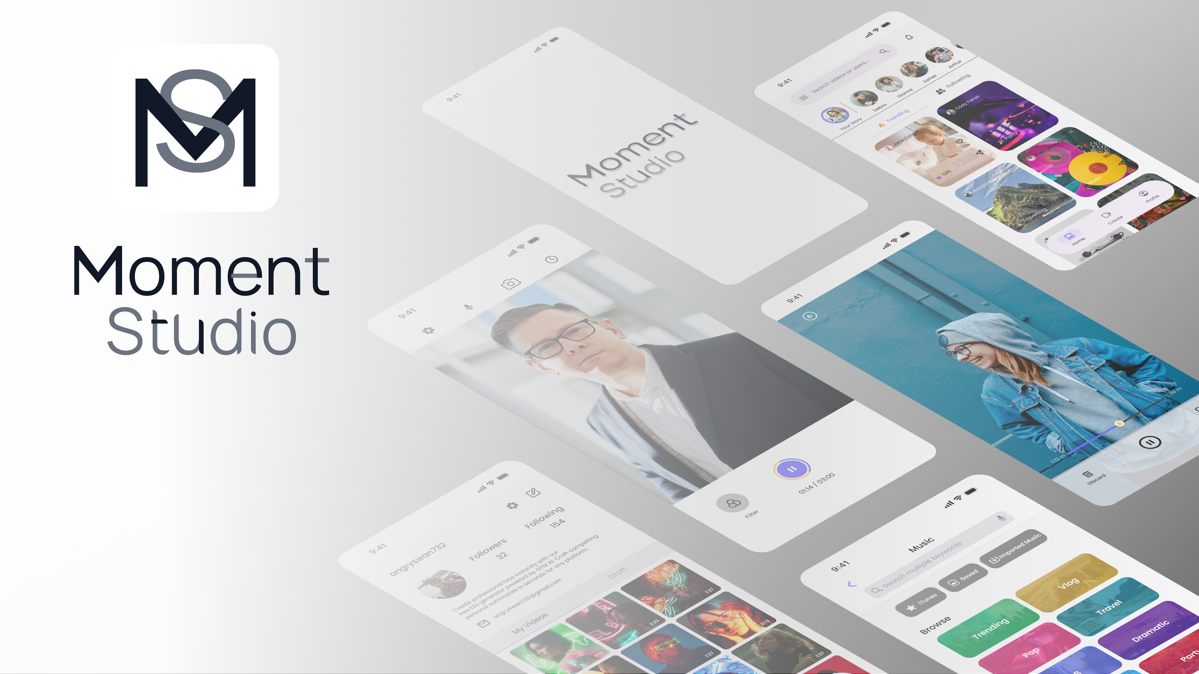 Moment Studio branding content creator app design system editing app figma graphic design interaction design logo minimal design mobile app mobile ui moment studio ndroid app short video app social media app social video uiux user experience video editing app
