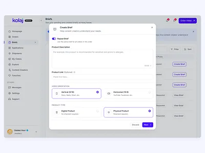 Modal UI Design for Kolaj design figma modal product product design radio radio button radio button card radio card saas text area text input toggle ui