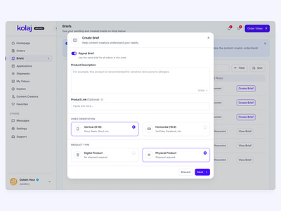 Modal UI Design for Kolaj design figma modal product product design radio radio button radio button card radio card saas text area text input toggle ui