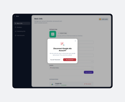 Disconnect integration modal app design clean clean design creative dashboard design disconnect drawer figma google ads illustration integration modal sheet ui