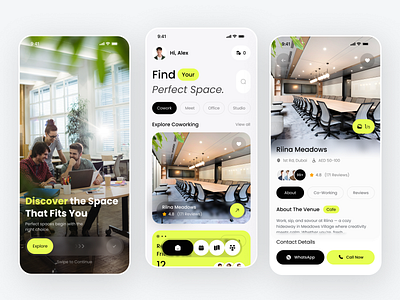 Coworking Space Finder App booking clean concept coworking coworking space finder mobile mobile app rental app reservation reserve space finder user interface workspace