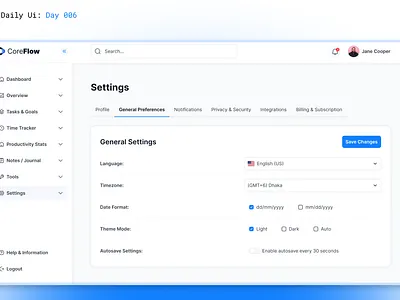 CoreFlow — Settings Page UI | Daily UI #007 dailyui dashboardui designchallenge figmadesign interfacedesign settingspage ui uidesign uxdesign webappdesign