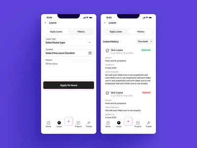 Apply Leave - Employee Management App - HRMS apply leave screen design employee management app graphic design mobile app design mobile application project management app saas task management app ui
