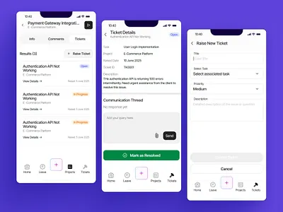 Ticket Management - Employee Mangement App - HRMS design employee management app graphic design hr management app hrms mobile app mobile application mobile application design project management mobile app task management app ticket management tickets tickets screen ui