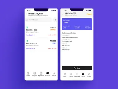 Invoice & Payments Screen - Employee Mangement App - HRMS appstore branding design employee management app graphic design invoice invoice screen mobile app mobile application design payments screen playstore project management app ui