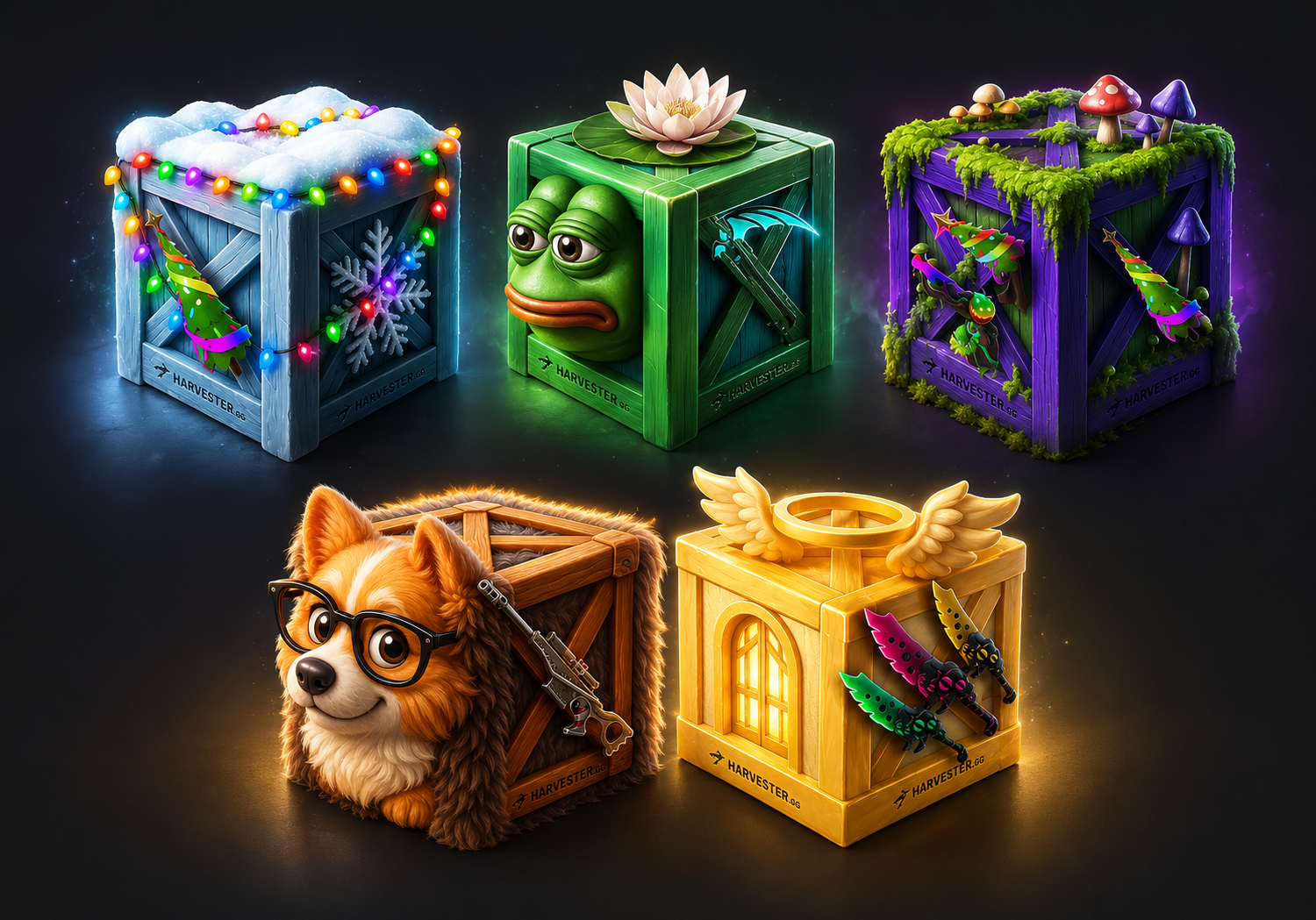 Cases: HARVESTER.GG 3d boxes cases casino gambling game harvester harvester.gg juicyart mm2 roblox