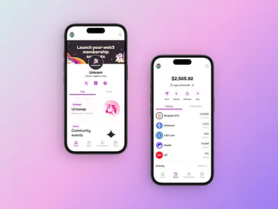 Unicorn - membership platform for brands block blockchain branding community crypto crypto wallet defi product design social ui design unicorn app wallet ui