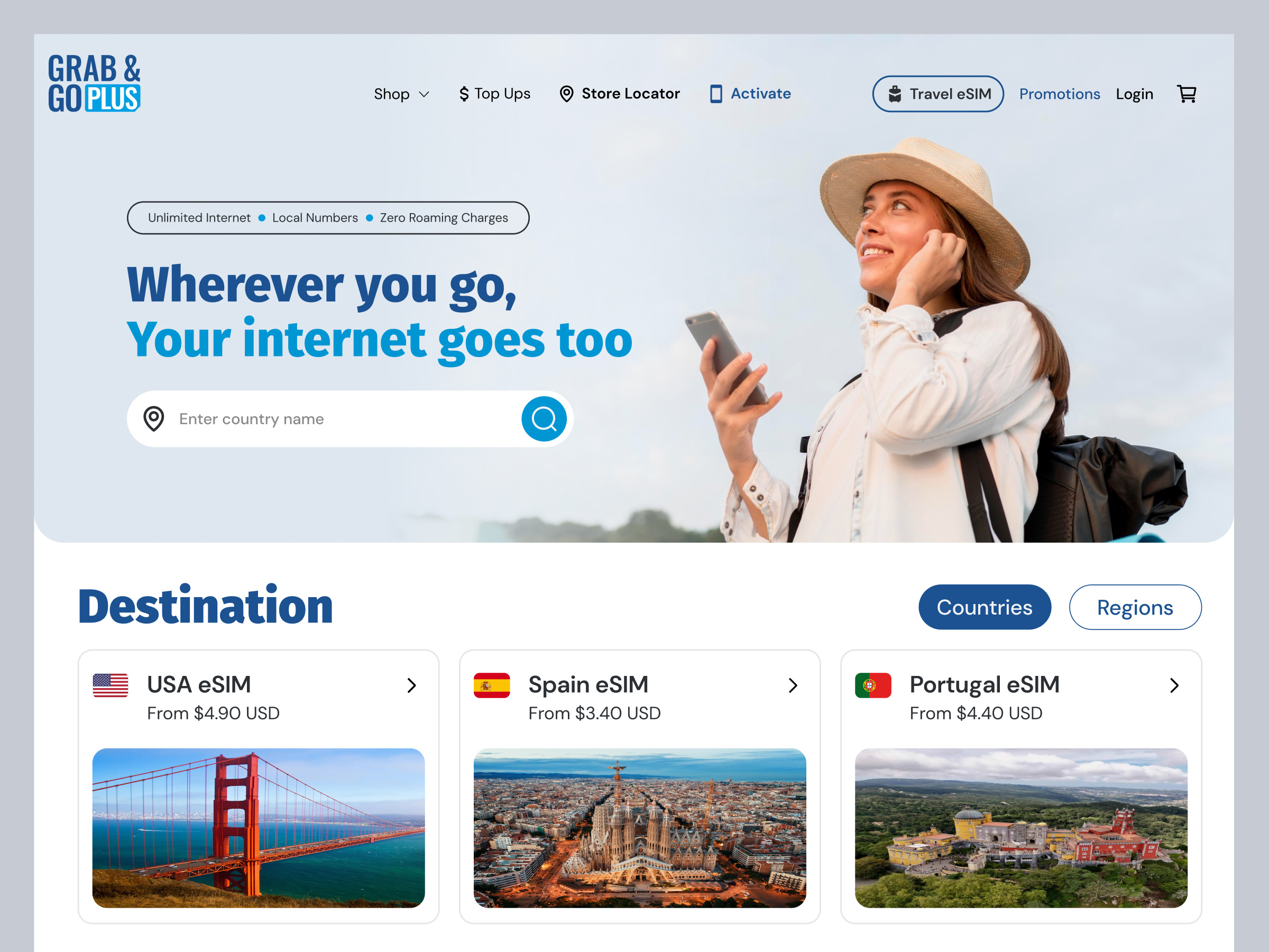 Travel eSIM Product Page Design app design card design esim figma graphic design hero design mockup telecom travel travel esim ui design web app design