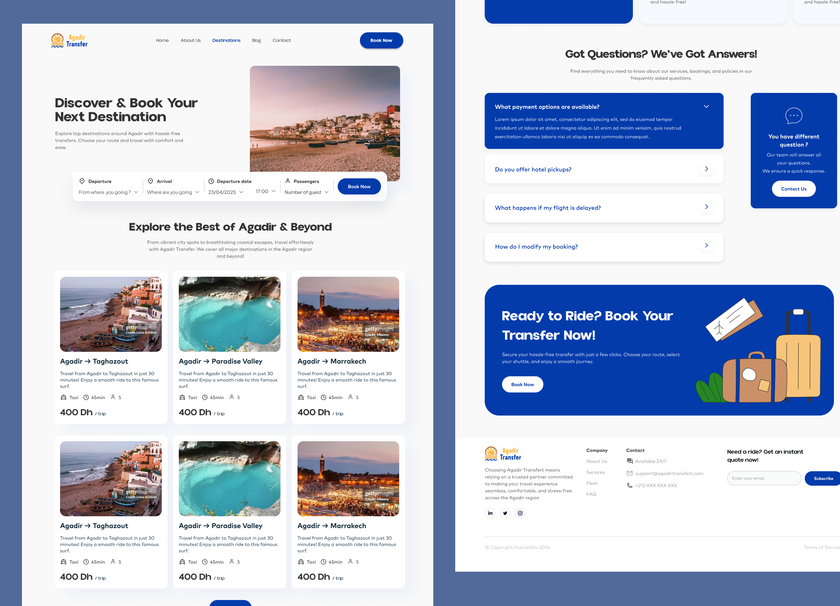 Agadir Transfer – Seamless Travel Booking UI agadir branding carbooking cleanui destination dribbble figma interface minimal modernui rideshare tourism transportation travel ui userexperience ux webdesign website