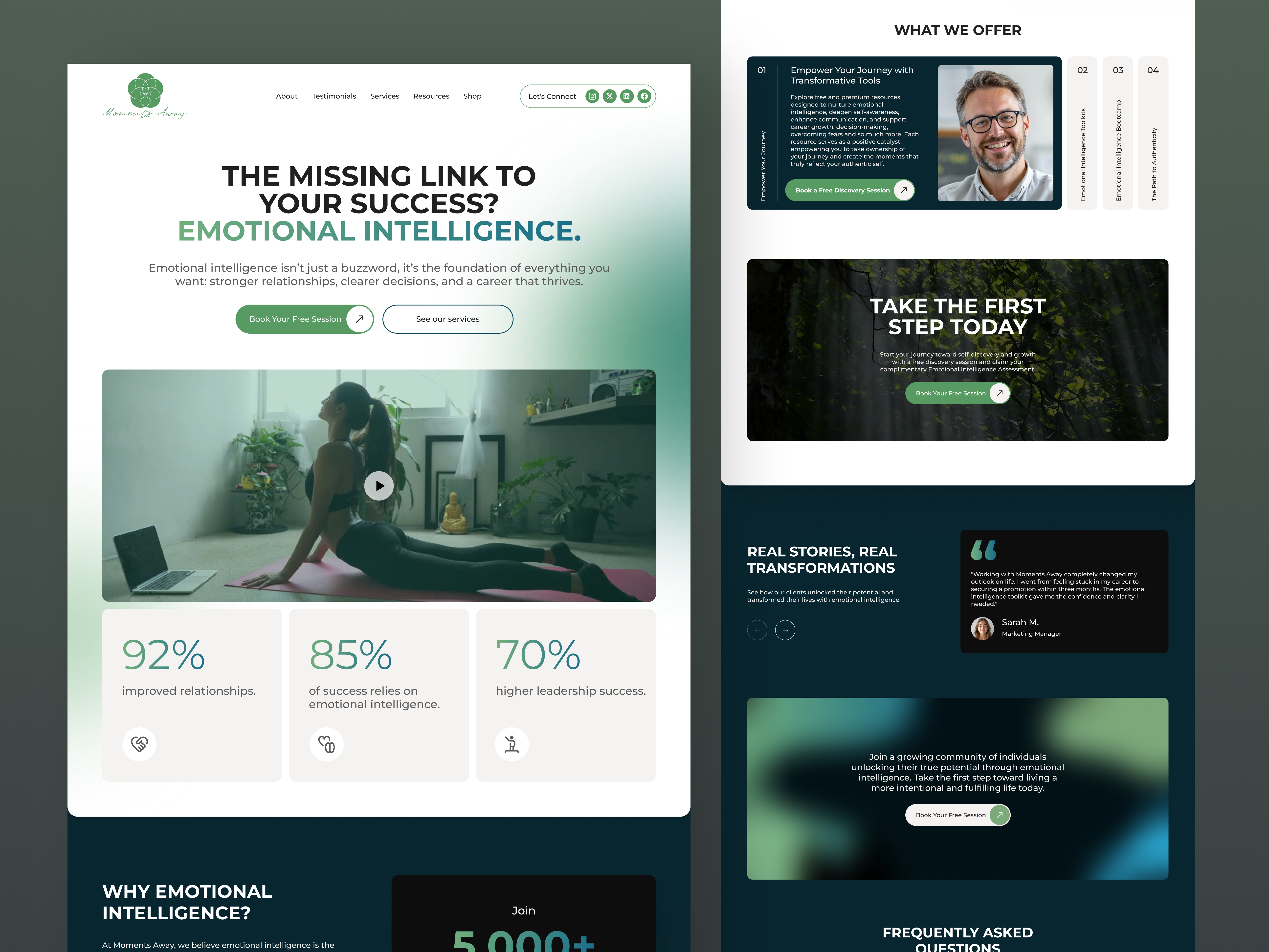 Wellness Website UI – Emotional Intelligence Landing Page calm ui design clean landing page coaching website ui emotional intelligence design figma landing page green gradient ui healing website ui life coach website mental health ui mindfulness landing page modern landing page modern wellness ui personal development ui wellness website design